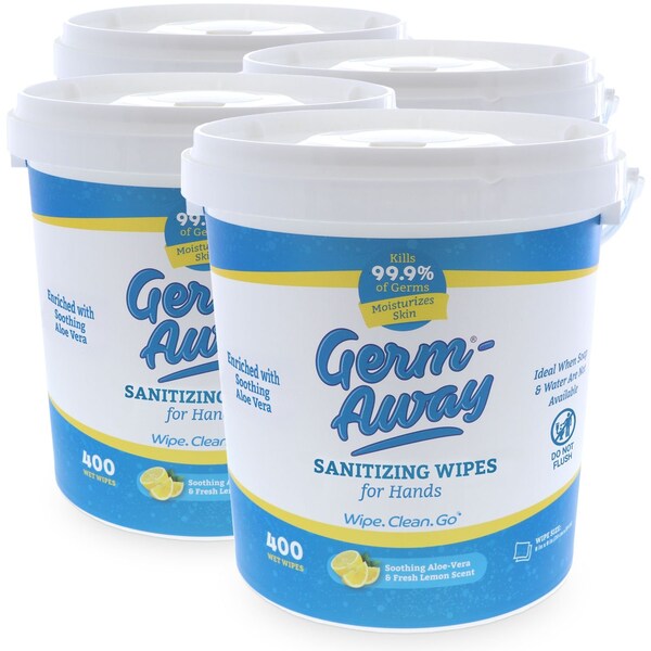 Germ-Away Sanitizing Hand Wipes 400ct Bucket Alcohol-free Antibacterial w/ Aloe, Plastic-free, 1600 Wipes, 4PK GA72305BL-4 - main