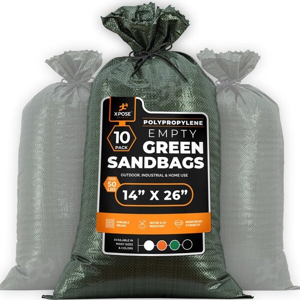 Xpose Safety Woven Green Polypropylene Sandbags, 14x26 in, 50 lb Capacity, Reusable Flood Protection, 10PK SBG-1426-10-X - main