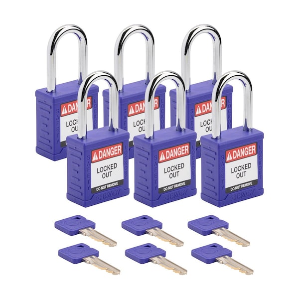 Brady Velocity Lockout Padlocks Nylon 1.5in Shackle Clearance KA Purple 6PK SDPL-PRP-38ST-KA6 - main