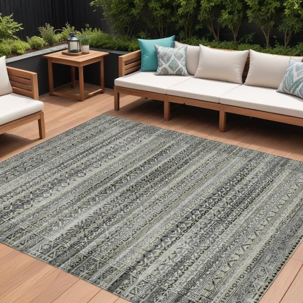 Homeroots 9' X 12' Pewter And Charcoal Striped Washable Indoor Outdoor Area Rug 631507 - main