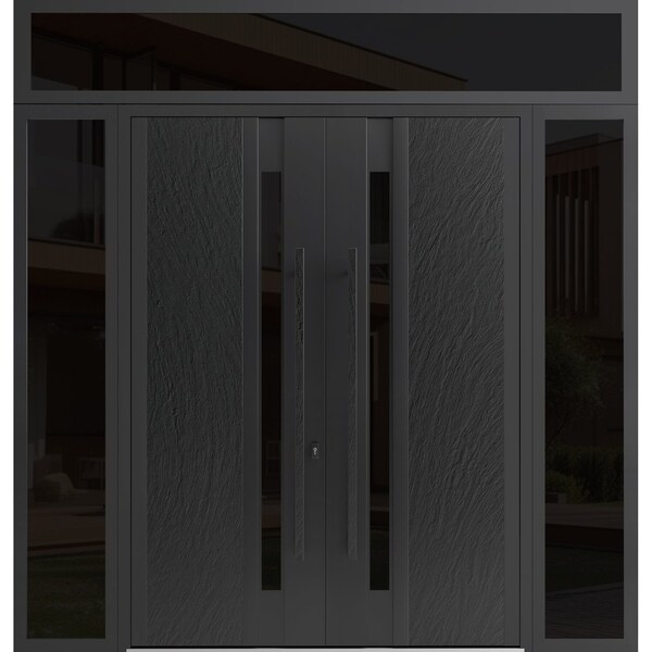 Vdomdoors Aluminum Double Doors Dekton 0163 Ardesia Nero 2 Sidelights and Top Transom Entry Door Painted (W96 DEKTON0163DEXD-ARD-W12+72+12xH96+12-RH-I - main