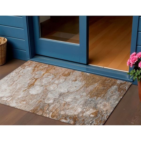 Homeroots 3' X 5' Terra Cotta Gray And Silver Abstract Washable Indoor Outdoor Area Rug 582182 - main