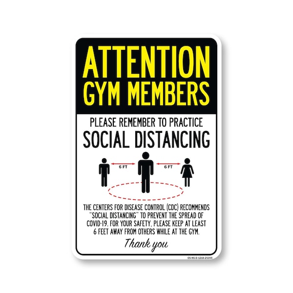 Signmission Public Safety Sign, Gym Members Practice Social Distancing, 18in X 12in Decal, OS-NS-D-1218-25394 OS-NS-D-1218-25394 - main