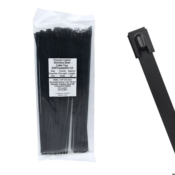 Cable Ties Unlimited Cable Tie, 12 in L, 150 lb Strength, 3.3 in Max Bundle Dia, Coated 316 Stainless Steel, Black, 100PK SSPCoated12-LD - main