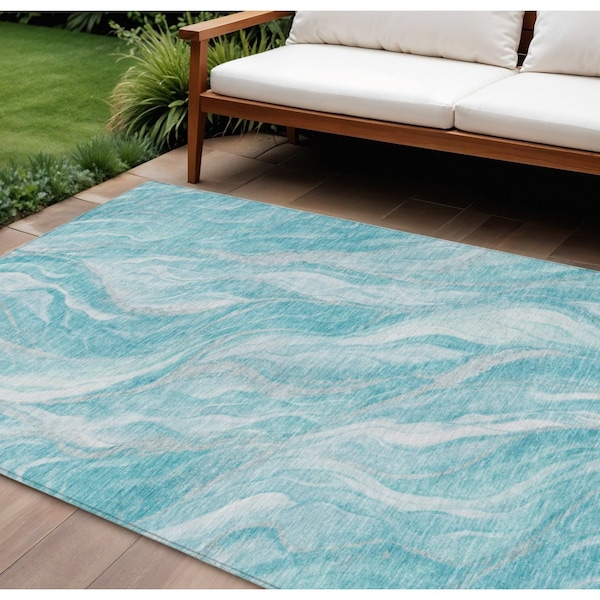 Homeroots 10' X 14' Teal Blue Aqua And Ivory Abstract Washable Indoor Outdoor Area Rug 583003 - main