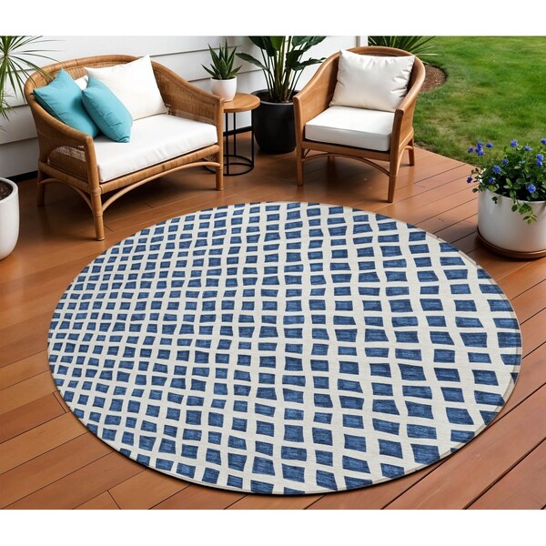 Homeroots 8' Navy Blue And Ivory Round Geometric Washable Indoor Outdoor Area Rug 583308 - main
