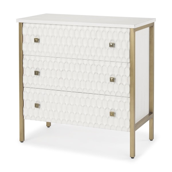 Homeroots 32in White and Gold Wood and Metal Carved Geometric Accent Cabinet With Three Drawers 611039 - main