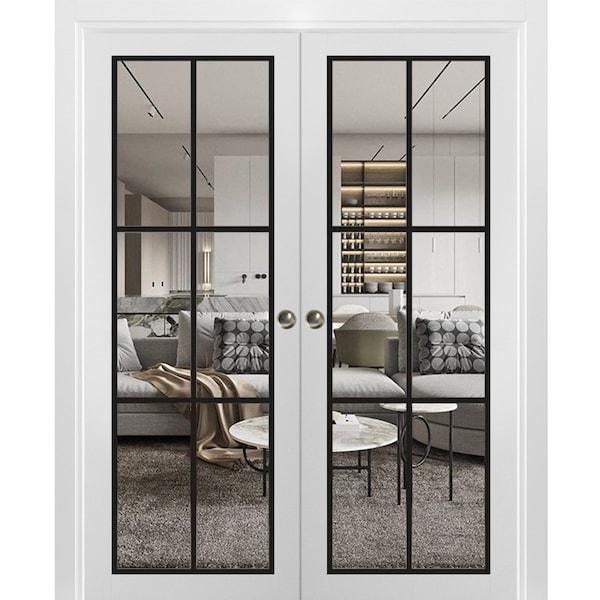 Sartodoors Sliding Double Pocket Door Clear Glass, Lucia 2366 White Silk and Aluminum Strips, Kit Trims Rail LUCIA2366DP-WS-84 x 96 (2* 42x96) - main