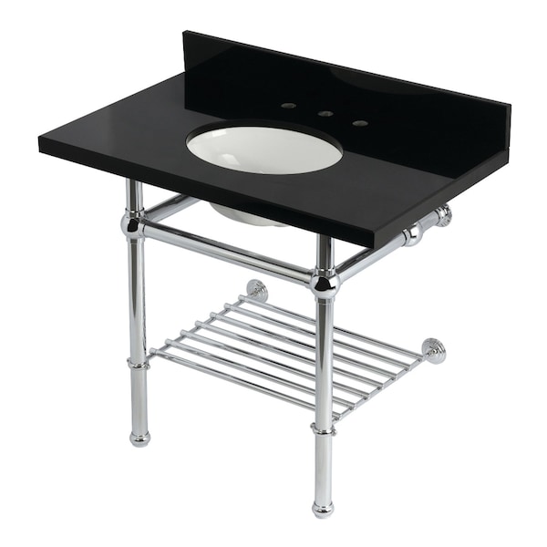 Kingston Brass 36-Inch Black Granite Console Sink with Brass Legs and Shelf, 8-Inch, 3-Hole KVPK3630KBB1 - main