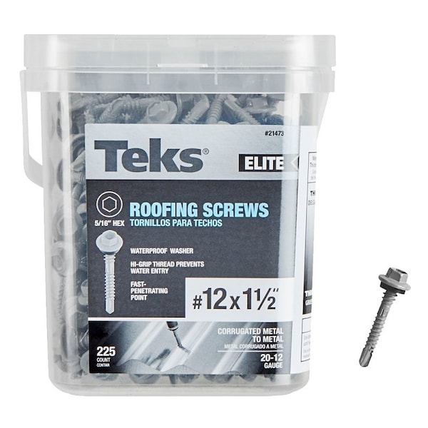 Teks Elite Series Roofing Screw, 1-1/2 in L, Coarse Thread, Washer Head, Hex Drive, Drill Point, Steel 21473 - main