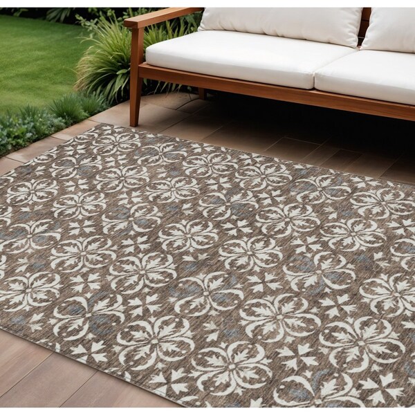 Homeroots 10' X 14' Brown Gray And Beige Floral Washable Indoor Outdoor Area Rug 595936 - main