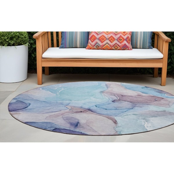Homeroots 8' Round Blue Round Abstract Washable Non Skid Indoor Outdoor Area Rug 559663 - main