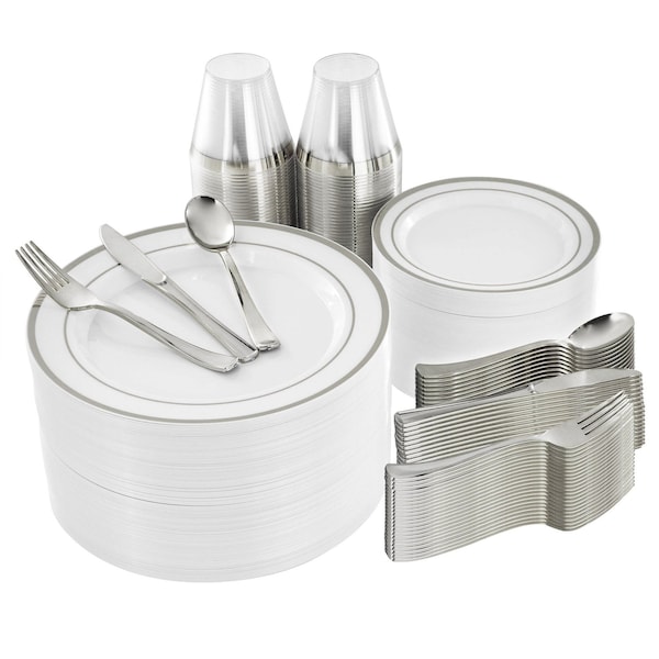 Elama 600 Piece Disposable Plastic Dinnerware Party Set for 100 Guests in White with Silver Trim 750124341M - main