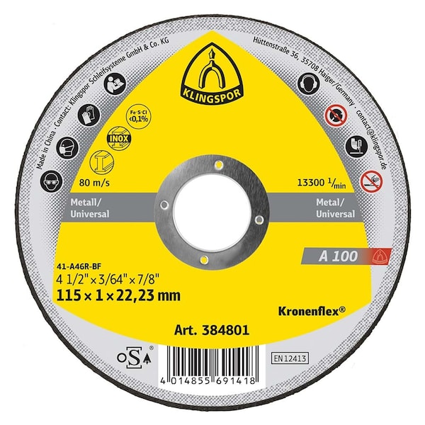 Klingspor A100 Cut-Off Wheel 4-1/2 in x .045 in x 7/8 T1, 25PK A1001151.022F - main
