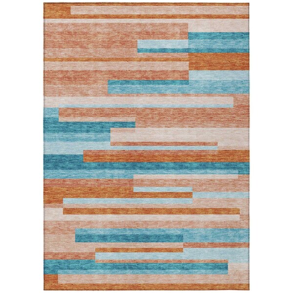Homeroots 10' X 14' Orange Teal Blue And Salmon Striped Washable Indoor Outdoor Area Rug 613313 - main