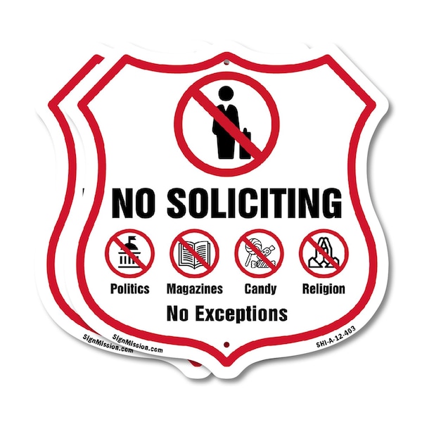 Signmission No Soliciting Shield Sign No Politics Ma, 12 inch X 12 inch, Aluminum Metal Sign, 2PK SHI-A-2PACK-12-403 - main