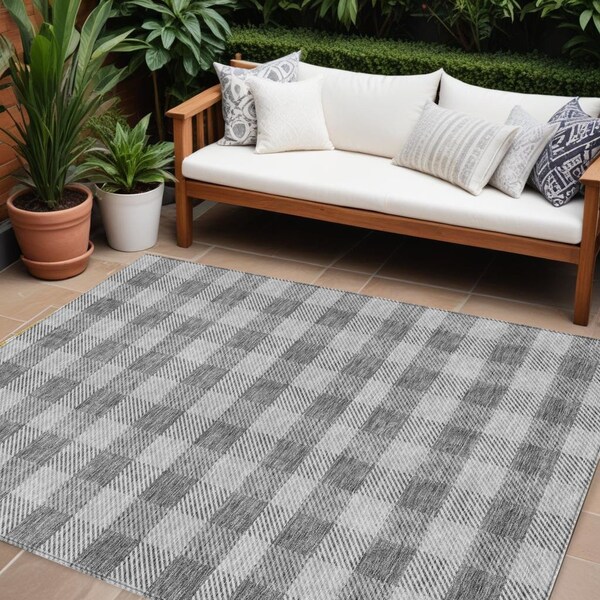 Homeroots 9' X 12' Gray And Charcoal Plaid Washable Indoor Outdoor Area Rug 595485 - main