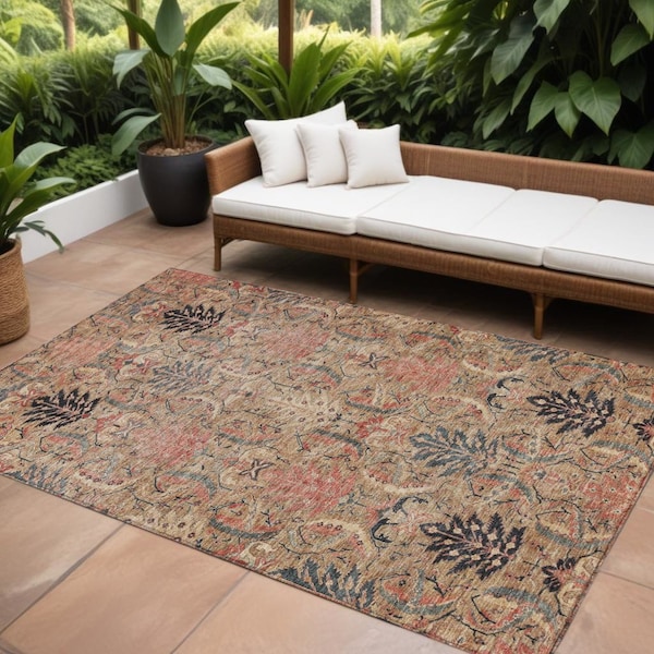 Homeroots 9' X 12' Khaki Terra Cotta And Black Damask Washable Indoor Outdoor Area Rug 603321 - main