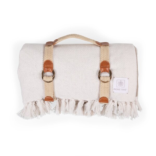 Picnic Time Family Of Brands Montecito Picnic Blanket with Harness, White & Taupe Windowpane 639-00-155-000-0 - main