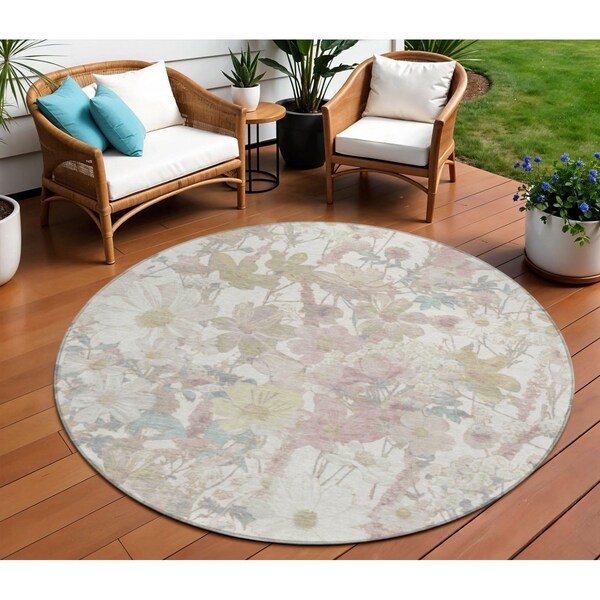 Homeroots 8' Ivory Beige And Linen Round Floral Washable Indoor Outdoor Area Rug 611194 - main