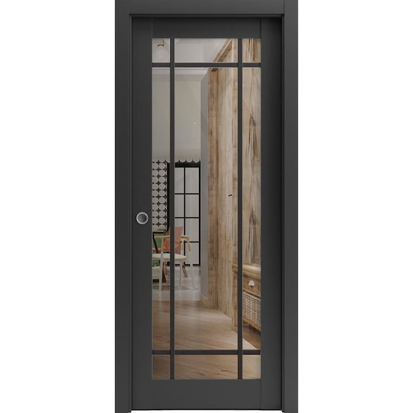 Sartodoors Sliding French Pocket Door Clear Glass, Lucia 2266 Matte Black and Aluminum Strips, Kit Trims Rail LUCIA2266PD-BLK-28 x 84 - main