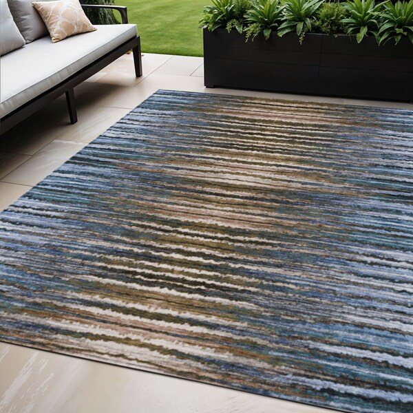 Homeroots 5' X 8' Blue Brown And Sky Blue Striped Washable Indoor Outdoor Area Rug 577981 - main