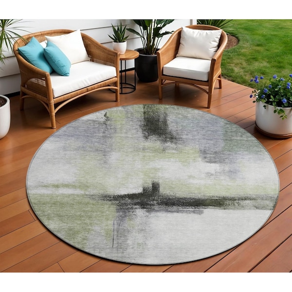 Homeroots 8' Sage Black And Gray Round Abstract Washable Indoor Outdoor Area Rug 603655 - main