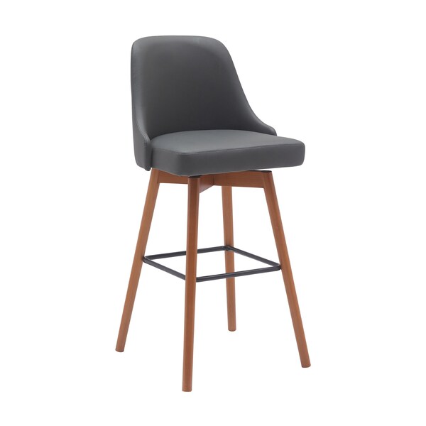 Homeroots 30" Gray and Wood Brown Faux Leather with Solid Wood Swivel Bar Height Bar Chair 534485 - main
