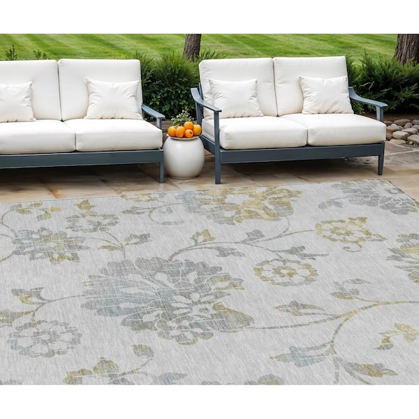 Homeroots 8' X 10' Silver Gray And Gold Floral Washable Indoor Outdoor Area Rug 589503 - main