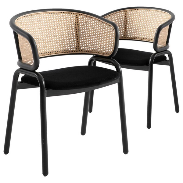 Leisuremod Ervilla Dining Chair with Stainless Steel Legs Velvet Seat and Wicker Back, Black, 2PK EC20BL2 - main