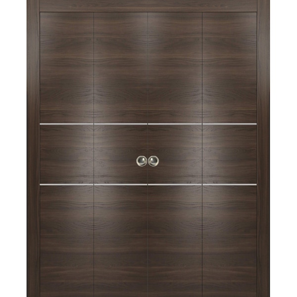Sartodoors Sliding Closet Double Bi-fold Doors, Planum 0110 Chocolate Ash and Aluminum Strips, Sturdy Tracks M PLANUM0110DBF-CA-96 x 96 (4* 24x96) - main