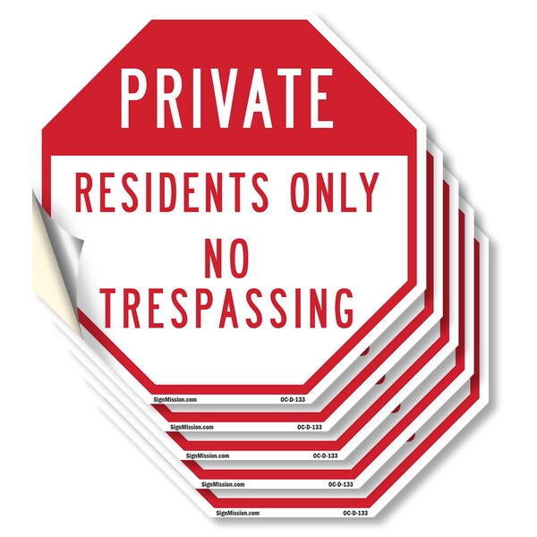 Signmission Private Residents Only No Trespassi, 4 inch X 4 inch, Vinyl Decal, 5PK OC-D-5PACK-4-133 - main