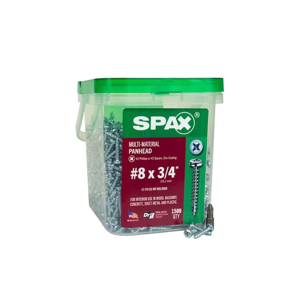 Spax #8 x 3/4 in Interior Wood Metal Screws Cabinet Pan Head Phillips Square Unidrive Pail, 1500PK 3111010400208 - main