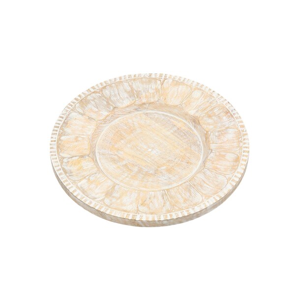 Homeroots 13" Natural And White Distressed Solid Wood Geometric Handmade Round Charger Plate 633182 - main