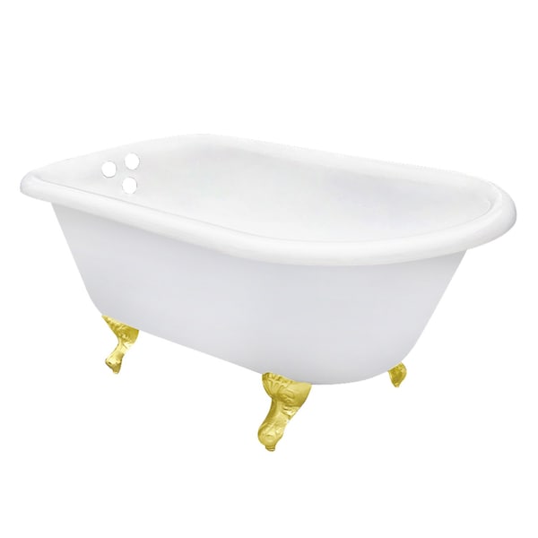 Kingston Brass 54" Cast Iron Oval Rectangular Roll Top Clawfoot Tub, 3-3/8" Wall Drillings, White/Polished Brass VCT3D543019NT2 - main