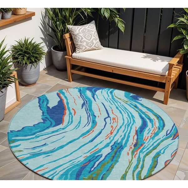 Homeroots 8' Blue Pink And Green Round Abstract Washable Indoor Outdoor Area Rug 600224 - main