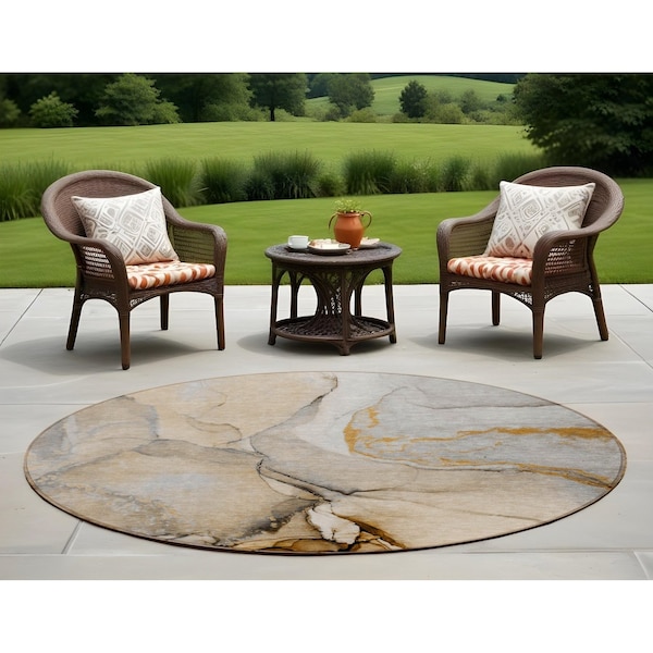 Homeroots 8' Round Beige Round Abstract Washable Non Skid Indoor Outdoor Area Rug 559672 - main