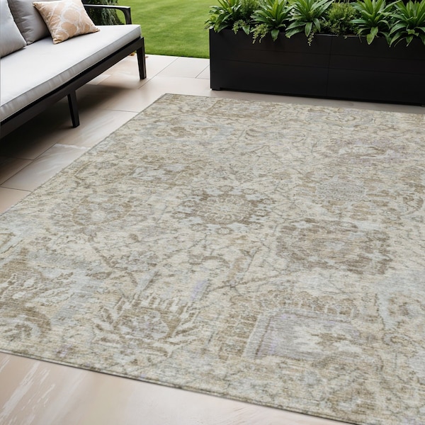 Homeroots 5' X 8' Ivory Brown And Gray Damask Washable Indoor Outdoor Area Rug 603762 - main