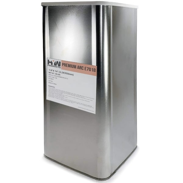 Hyw Products E7018 1/8in Premium Arc Stick Electrodes 14in Welding Rod Hermetically Sealed 50-Pound Can 47018180-50 - main
