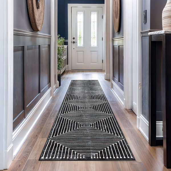 World Rug Gallery Bohemian Stripes Washable Non Slip Runner Rug 2 ft x 10 ft Black WR73BLACK2X10 - main