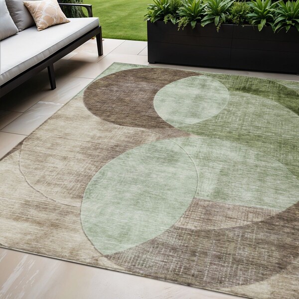 Homeroots 5' X 8' Artichoke Green Brown And Beige Geometric Washable Indoor Outdoor Area Rug 604900 - main