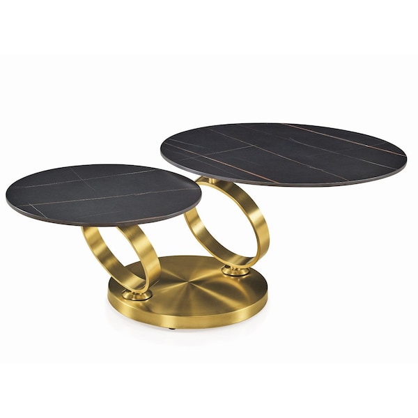 Homeroots 32" Black And Gold Ceramic Tile And Metal Round Distressed Abstract Coffee Table 554302 - main