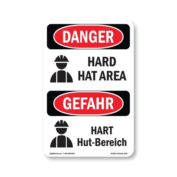 Signmission OSHA Danger Sign, Hard Hat Area Bilingual, 18in X 12in Decal, OS-DS-D-1218-VG-1292 OS-DS-D-1218-VG-1292 - main