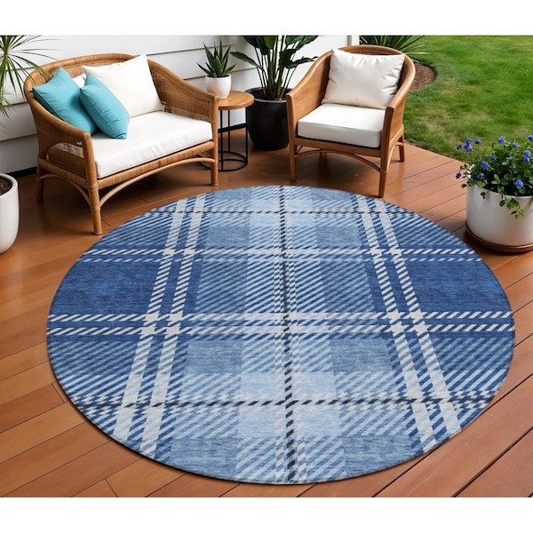 Homeroots 8' Navy Blue Black And Ivory Round Plaid Washable Indoor Outdoor Area Rug 596347 - main