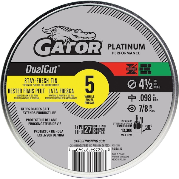 Gator Blade DualCut Type 27 4-1/2''x0.098''x7/8'' Steel/Stainless/Wall Tile Cut-Off Wheel, 5PK 97545 - main