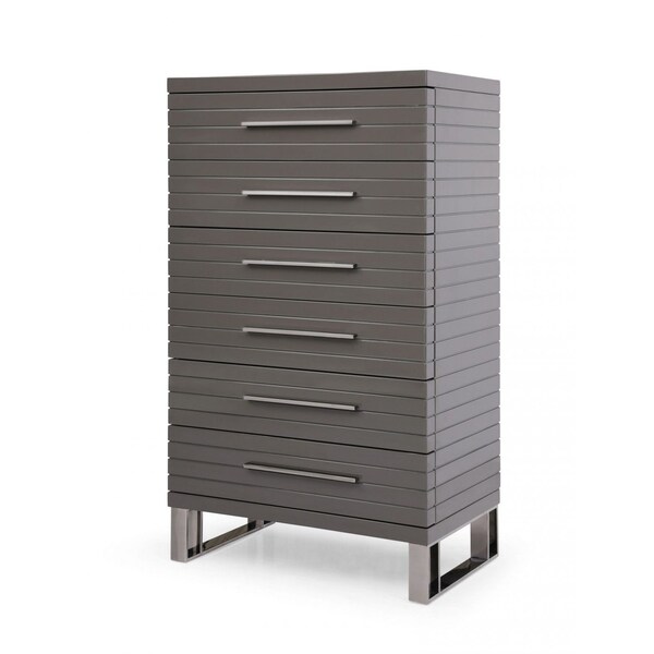 Homeroots 30" Grey Manufactured Wood + Solid Wood Stainless Steel Six Drawer Chest 491549 - main