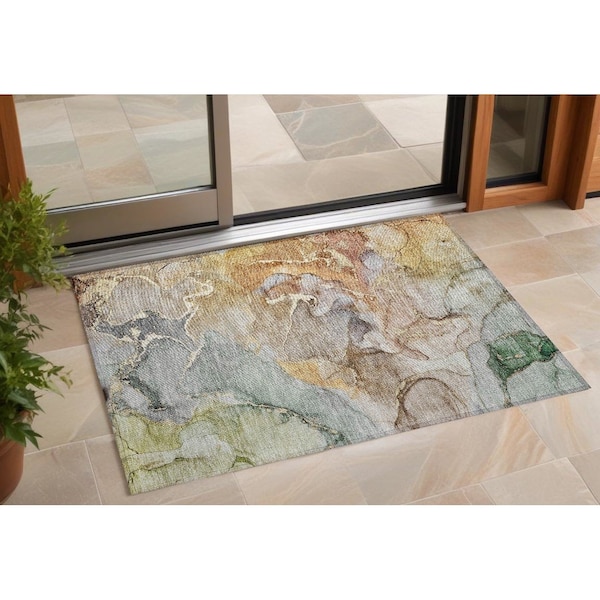 Homeroots 2' X 3' Gray and Gold Abstract Washable Non Skid Indoor Outdoor Area Rug 559159 - main