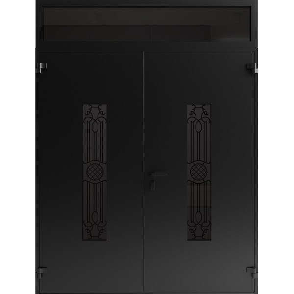 Vdomdoors Front Exterior Prehung Aluminum Double Doors Ronex1477 Black Enamel Top Transom Mirrored Clear RONEX1477DEXD-BLK-W72xH96+14-LH-O - main