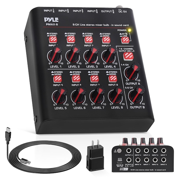 Pyle 8-Channel Bluetooth Mini Line Mixer with USB Audio Interface - 8 Mono/Stereo Switching Inputs PMAX8 - main
