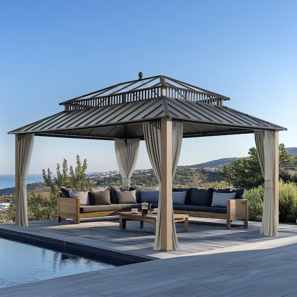Sunjoy Kingston 16x12 Gazebo, Steel & PC Roof Hardtop Gazebo, Curtain and Netting, Woodgrain Aluminum Posts A10204388000 - main